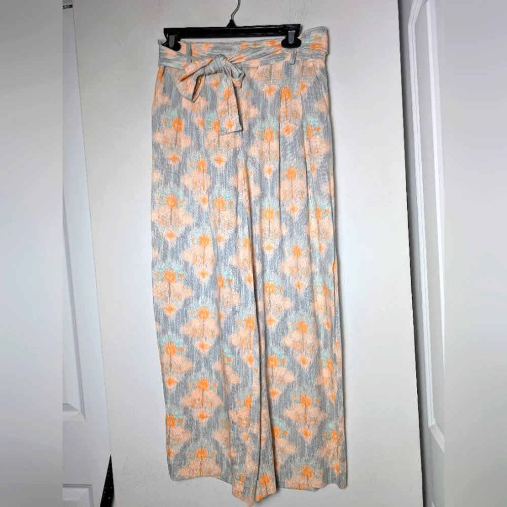 Zara Pants Wide Leg Linen Gray Orange Beachy Flowy Belted Sz S